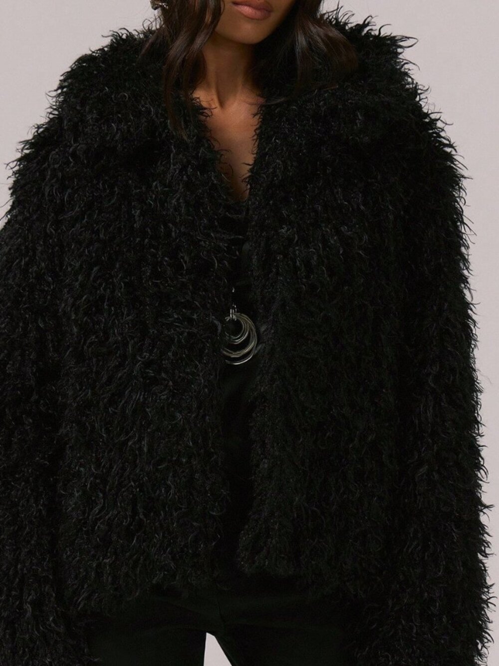 Black Casual Women's Loose Fit Foldover Collar Fur Coat
